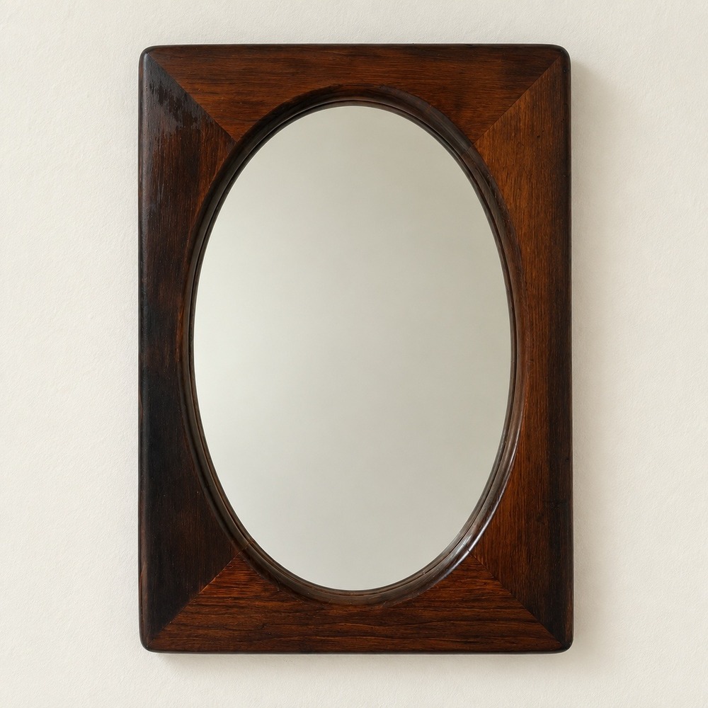 1960s Oval Wall Mirror Dark Wood Sculpted Frame Scheibe Traditional Decor